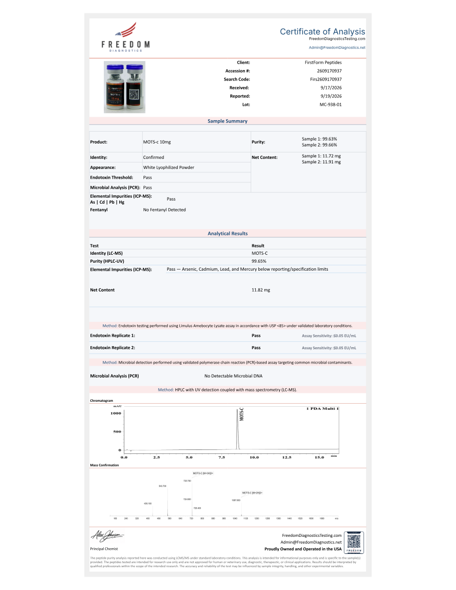 First page of the Certificate of Analysis for MOTS-c 10 mg