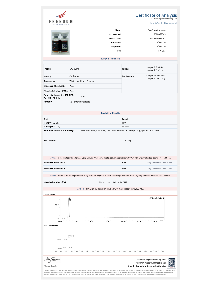 First page of the Certificate of Analysis for KPV 10 mg