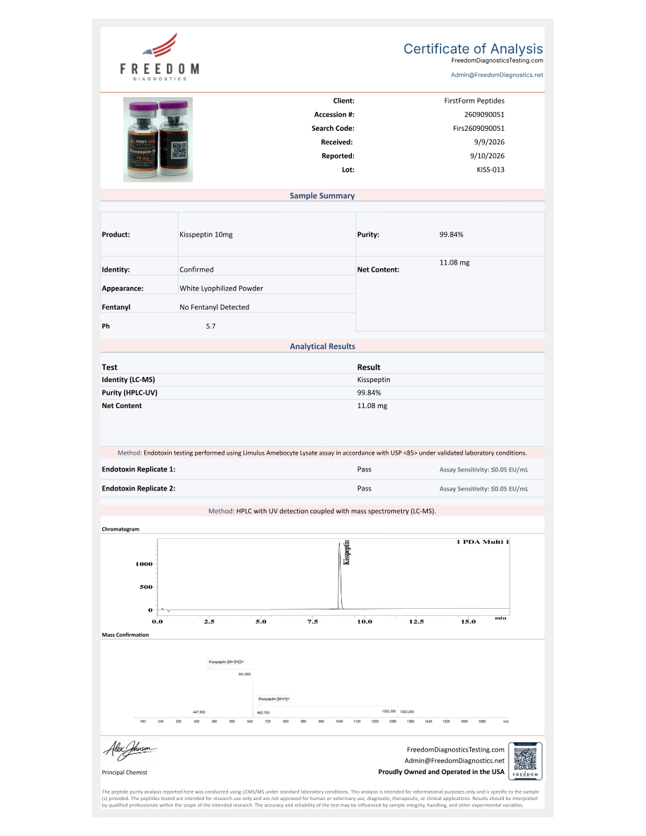 First page of the Certificate of Analysis for Kisspeptin-10 10 mg